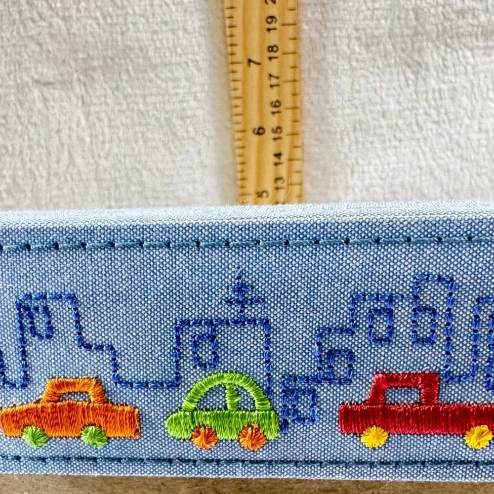 Vintage Elsa L Baby Photo Frame Blue Fabric Embroidered Cars Nursery Decor 5x3.5